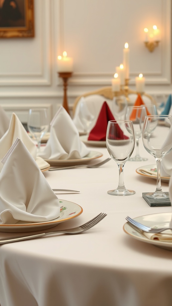 Elegant Dinner Napkins: The Perfect Touch for Your Table Setting An elegant dining table set with colorful dinner napkins, shining cutlery, and floral plates under soft candlelight.